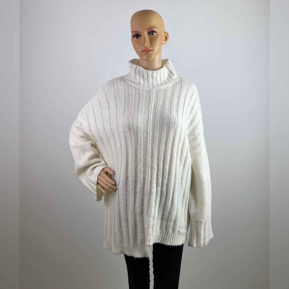 Oversized Asymmetrical White Knit Turtleneck Sweater